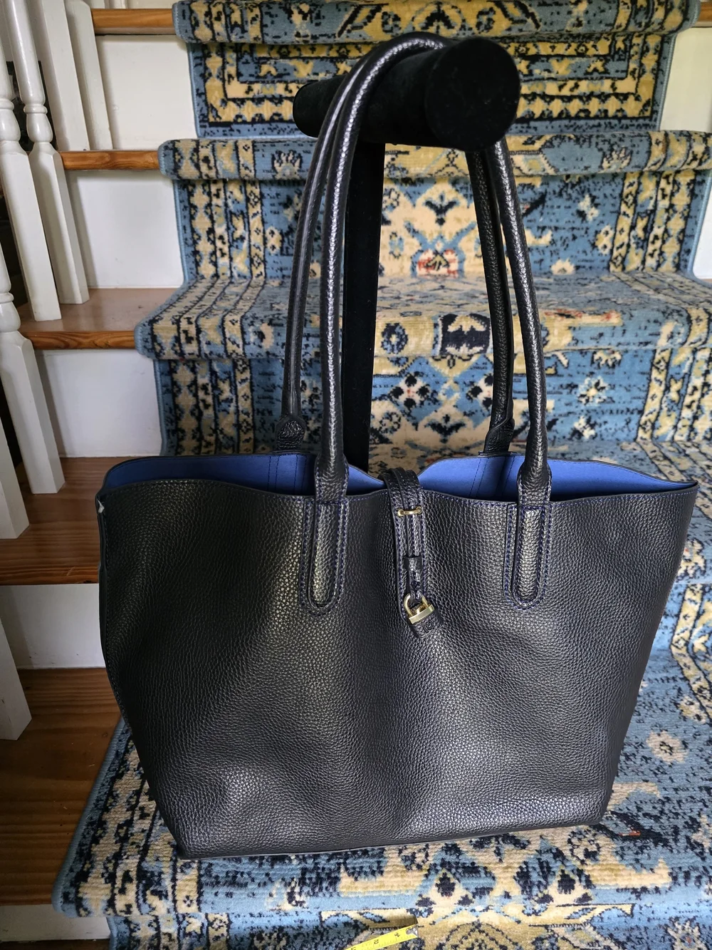 Women's Black (PVC That Feels Like Leather) Tote Bag with Blue Interior
